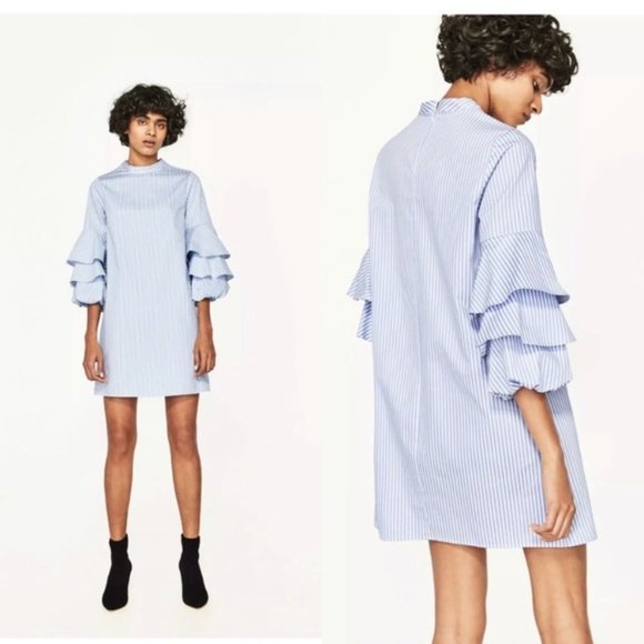 Zara Dresses & Skirts - Zara Basic Stripe Shift Dress with Puff Sleeves XS